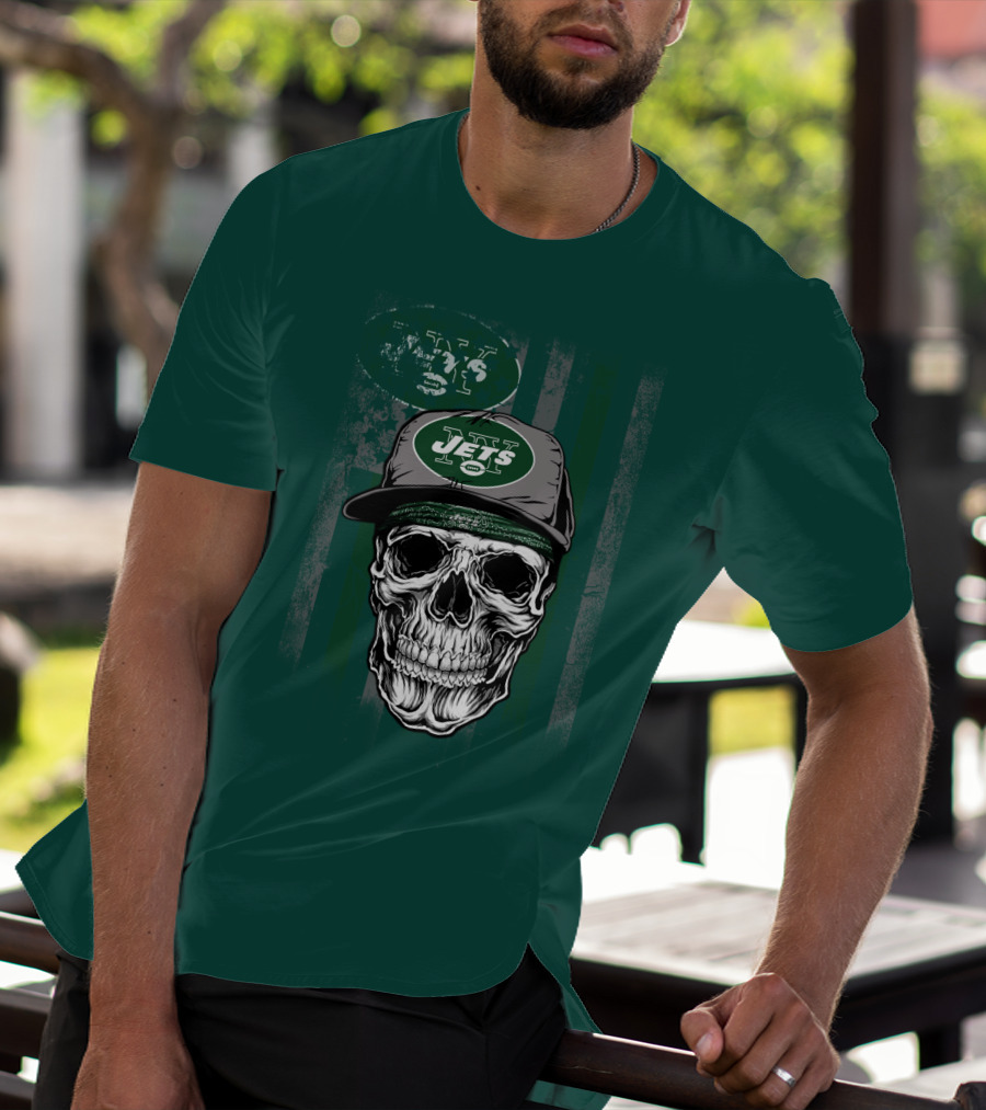 Skull With New York Jets Cap And Logo On Green Stripe T-Shirt