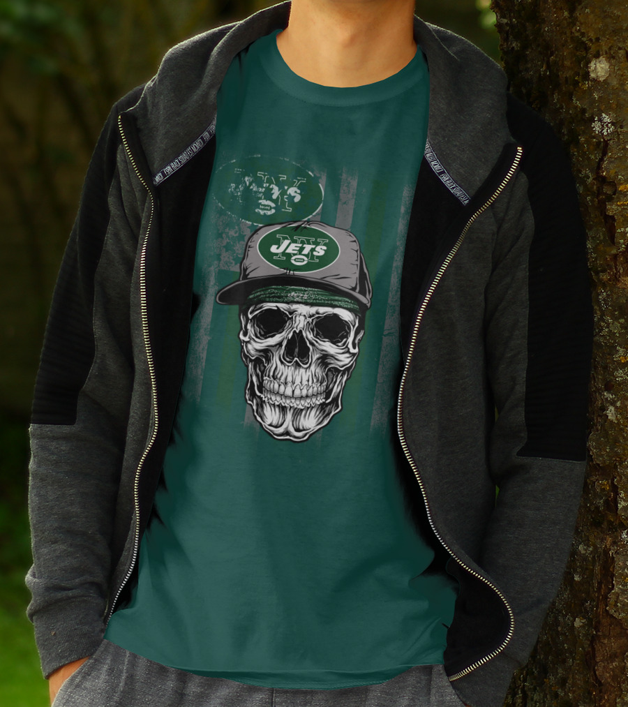 Skull With New York Jets Cap And Logo On Green Stripe T-Shirt