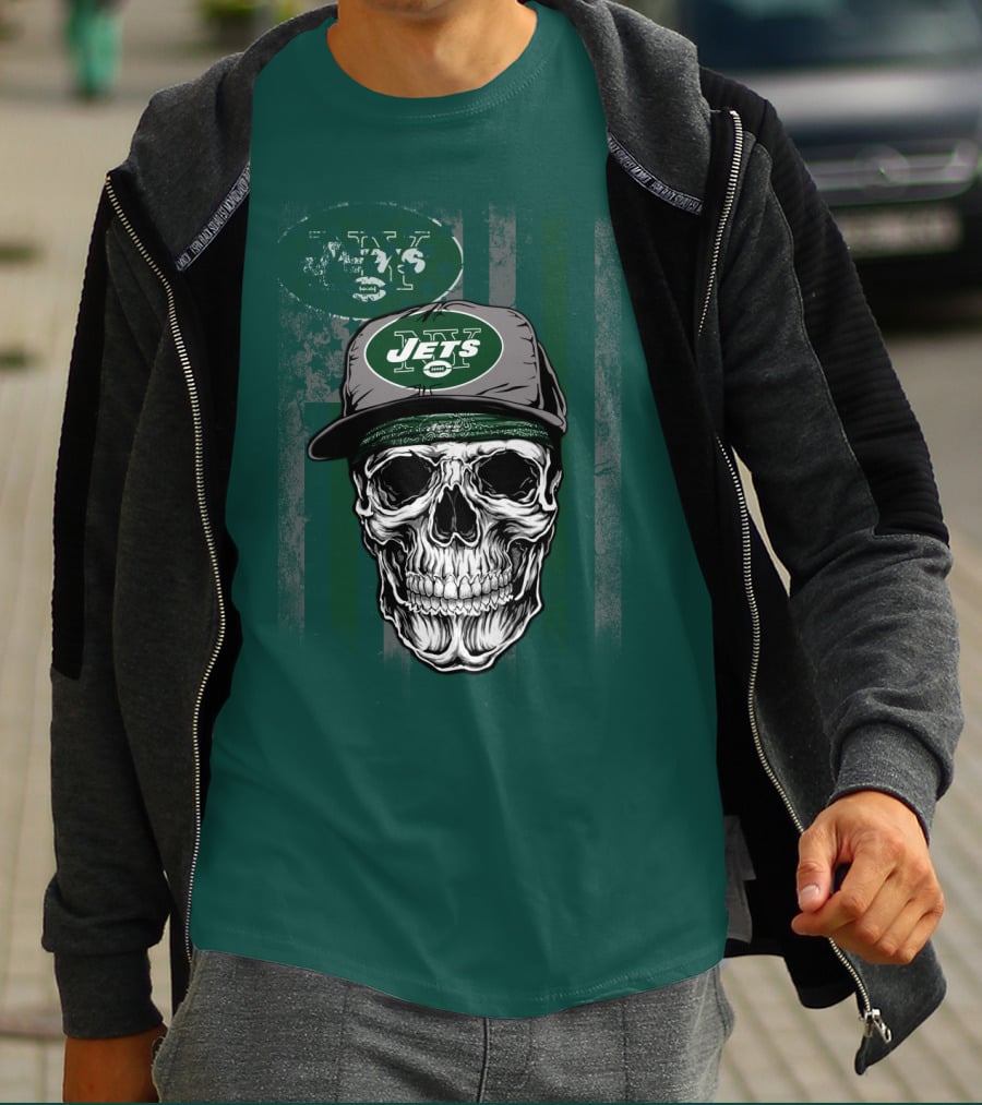 Skull With New York Jets Cap And Logo On Green Stripe T-Shirt