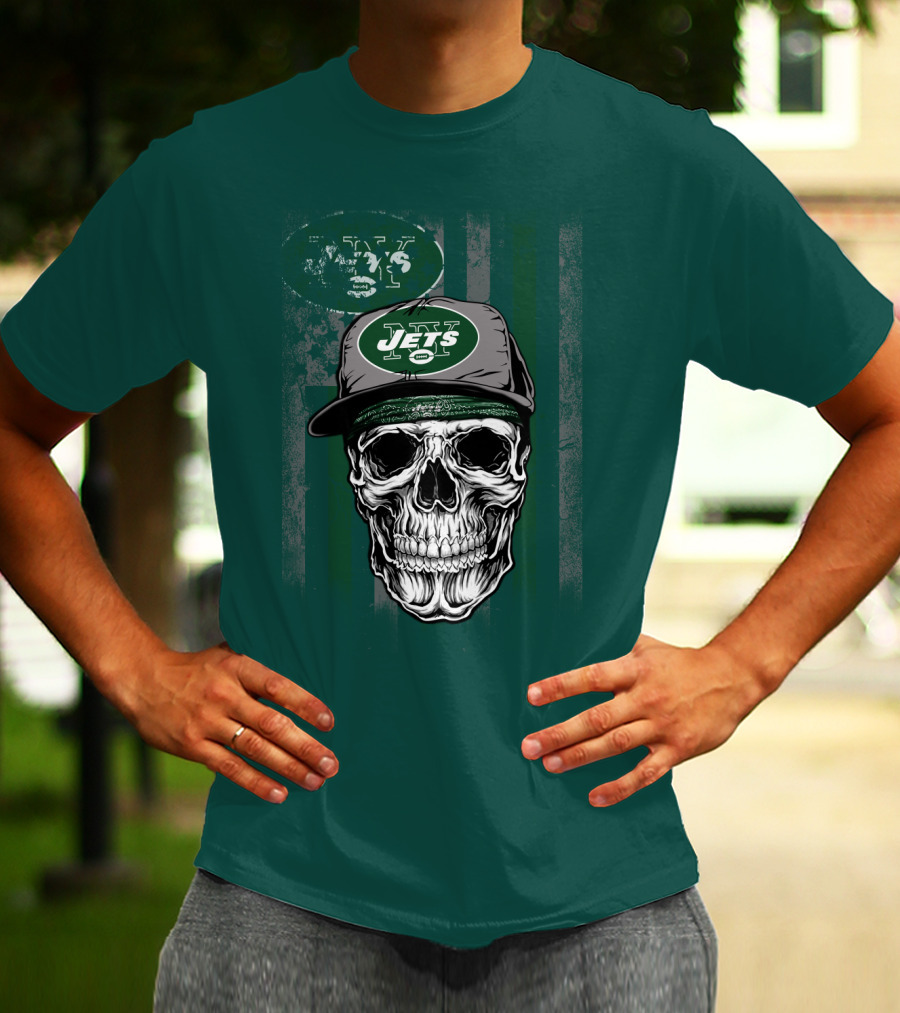 Skull With New York Jets Cap And Logo On Green Stripe T-Shirt