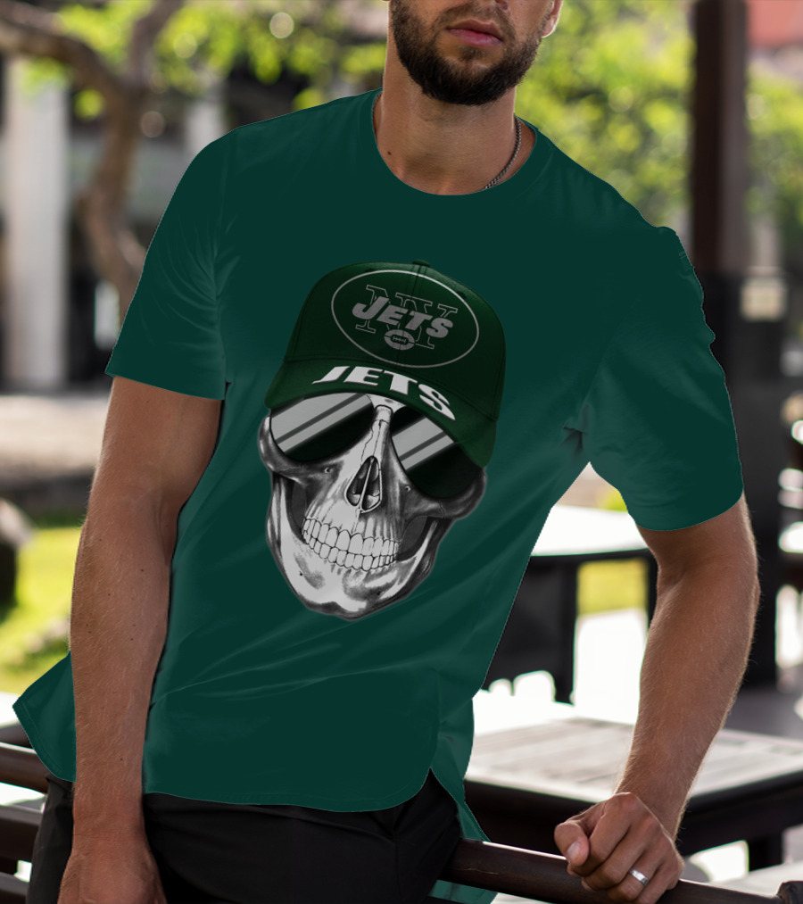 New York Jets Skull With Cap And Sunglasses T-Shirt
