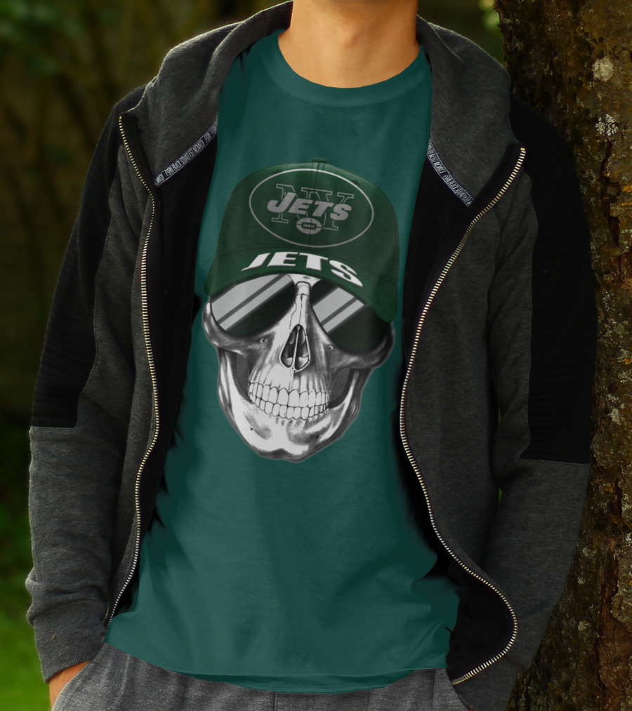 New York Jets Skull With Cap And Sunglasses T-Shirt