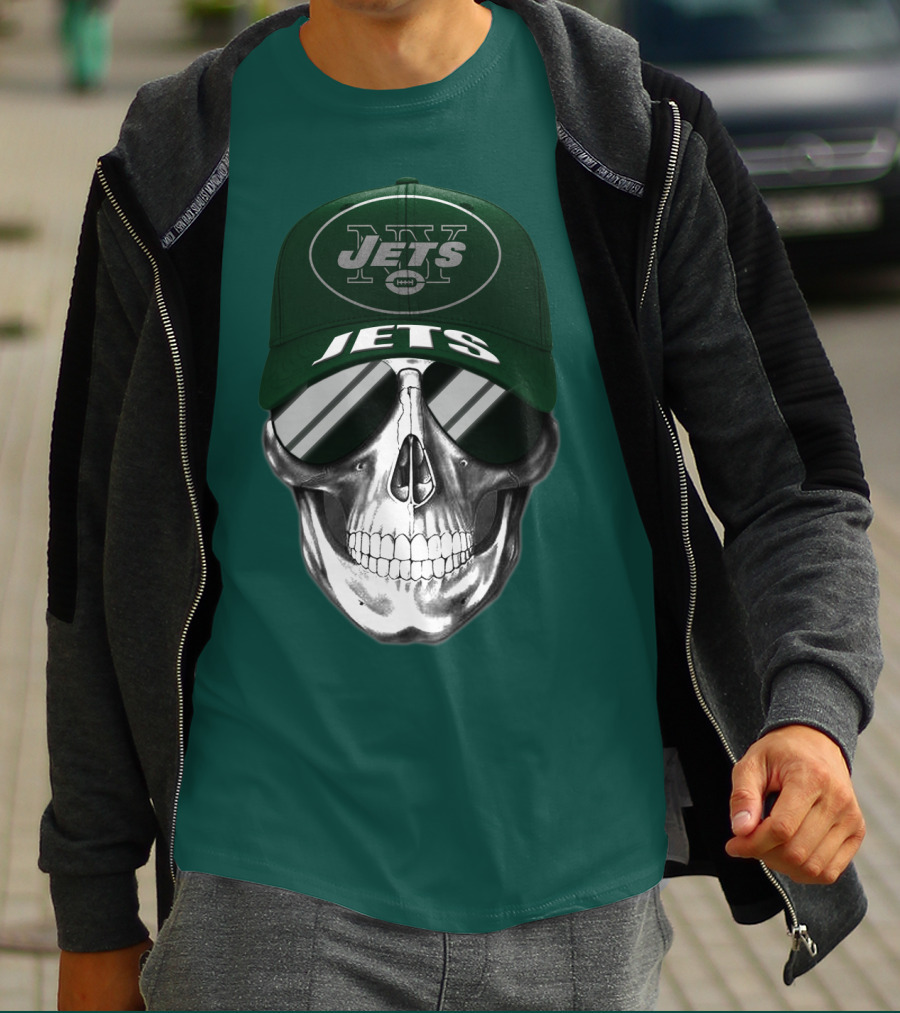New York Jets Skull With Cap And Sunglasses T-Shirt