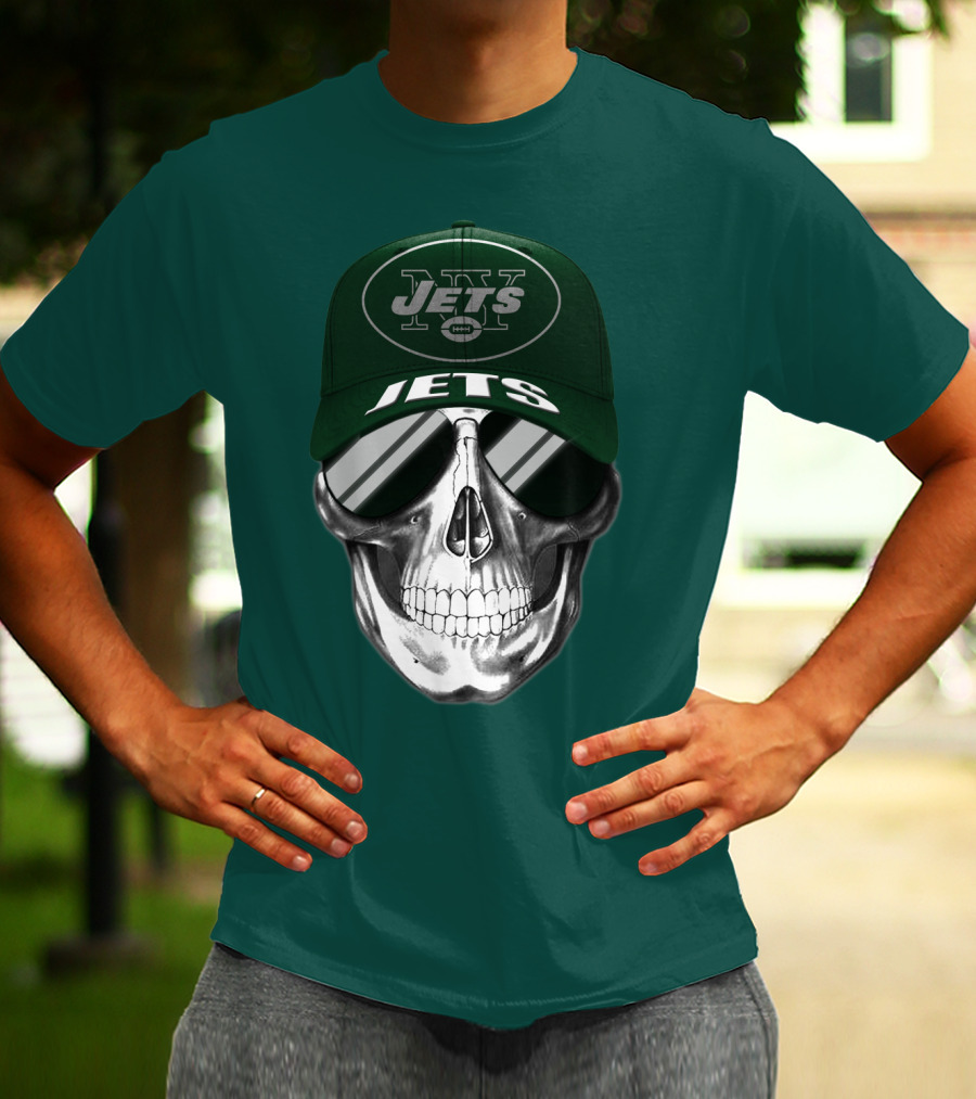 New York Jets Skull With Cap And Sunglasses T-Shirt