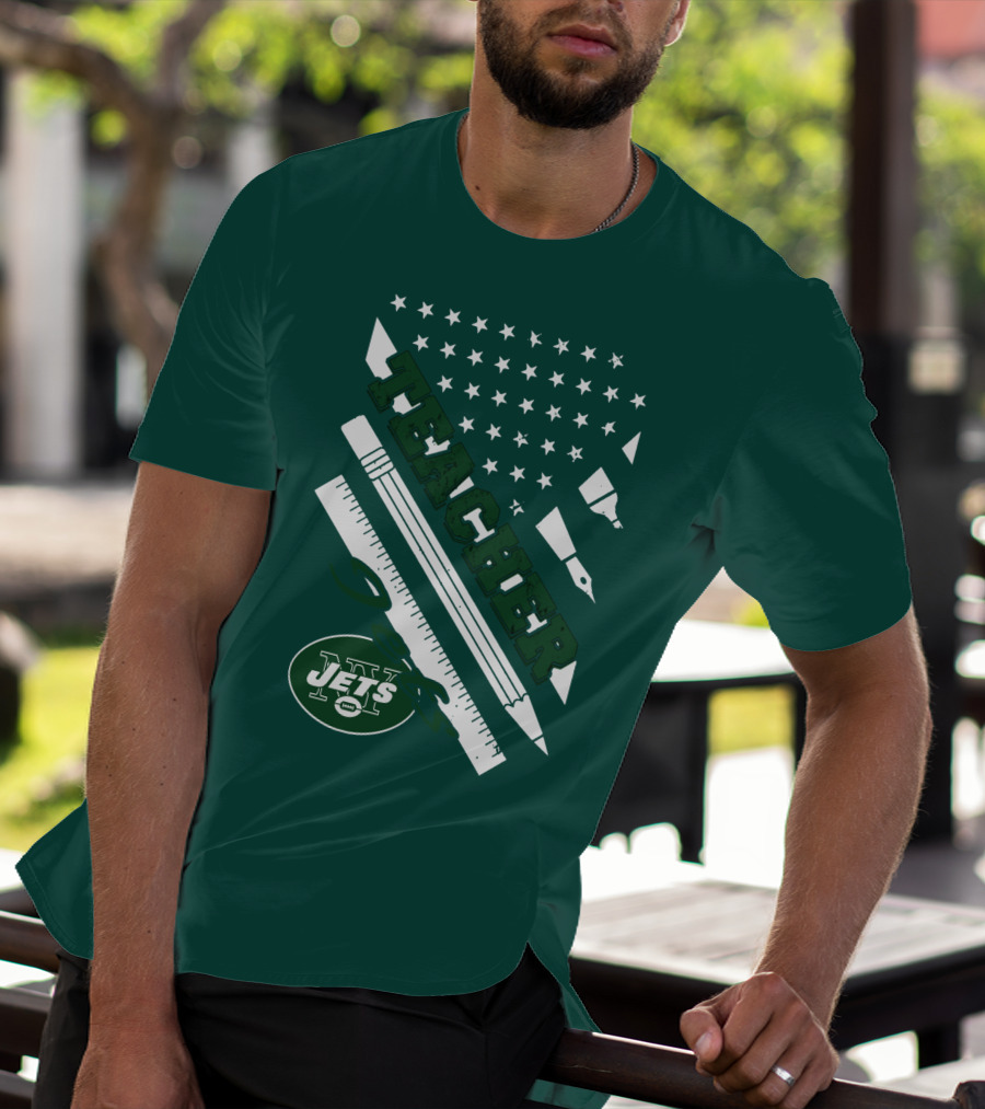 New York Jets Teacher Football Enthusiast American Flag And School Supplies T-Shirt