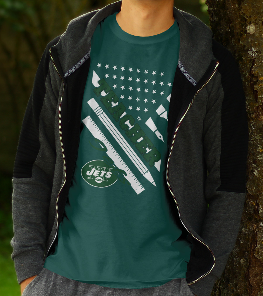 New York Jets Teacher Football Enthusiast American Flag And School Supplies T-Shirt