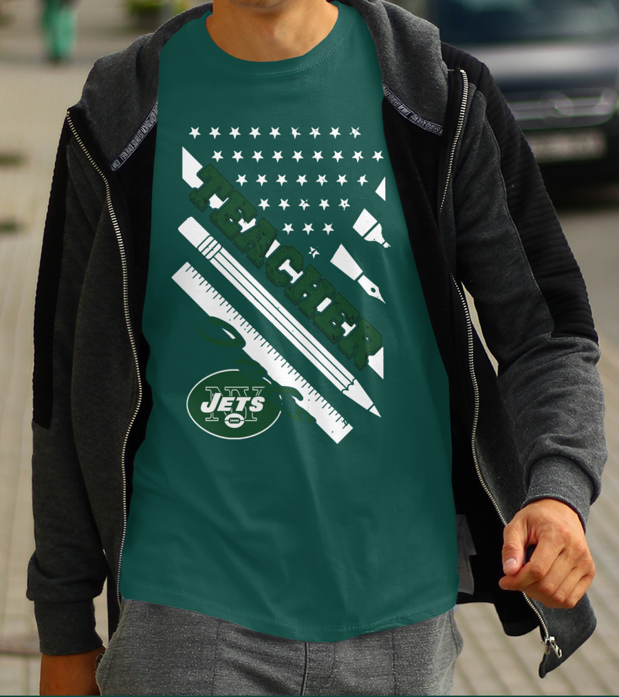 New York Jets Teacher Football Enthusiast American Flag And School Supplies T-Shirt