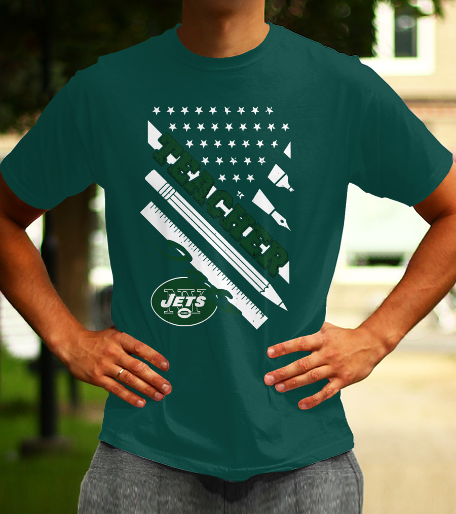 New York Jets Teacher Football Enthusiast American Flag And School Supplies T-Shirt