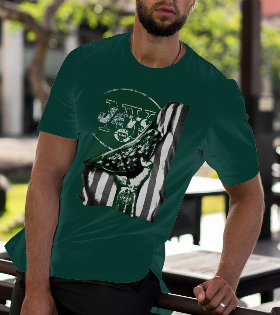 New York Jets Logo With Green And White American Flag And Number One Foam Finger T-Shirt