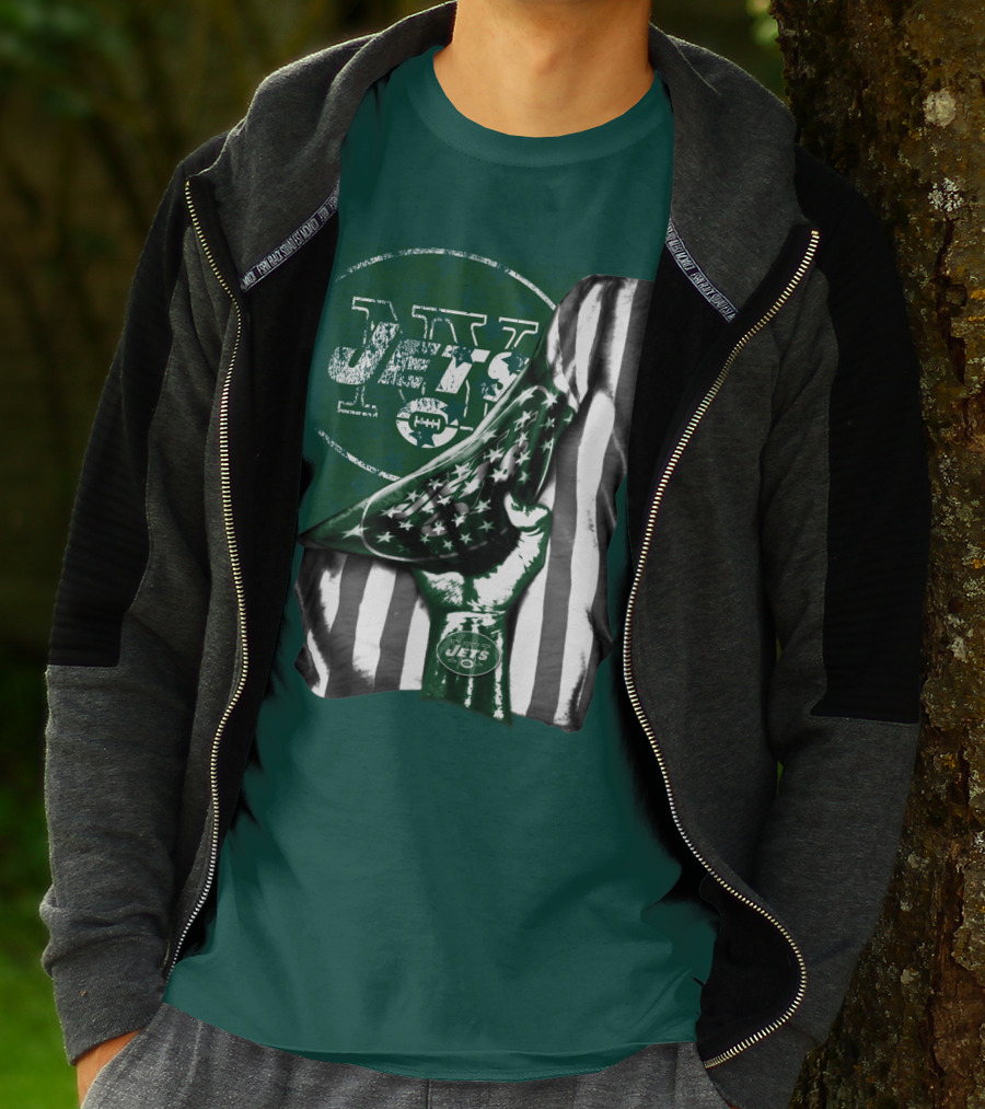 New York Jets Logo With Green And White American Flag And Number One Foam Finger T-Shirt