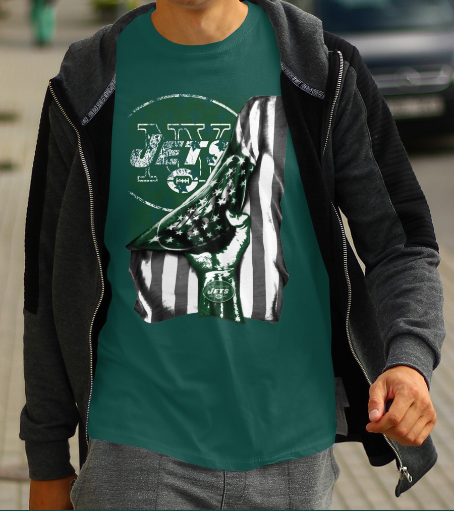 New York Jets Logo With Green And White American Flag And Number One Foam Finger T-Shirt