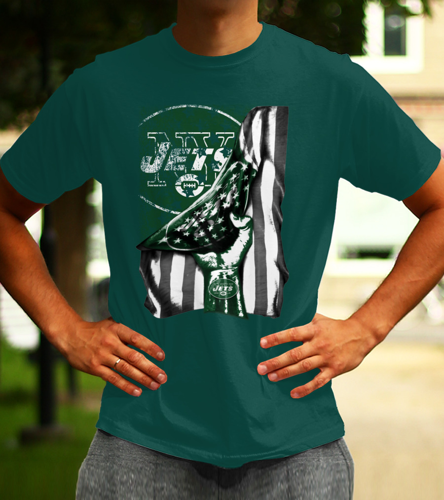 New York Jets Logo With Green And White American Flag And Number One Foam Finger T-Shirt