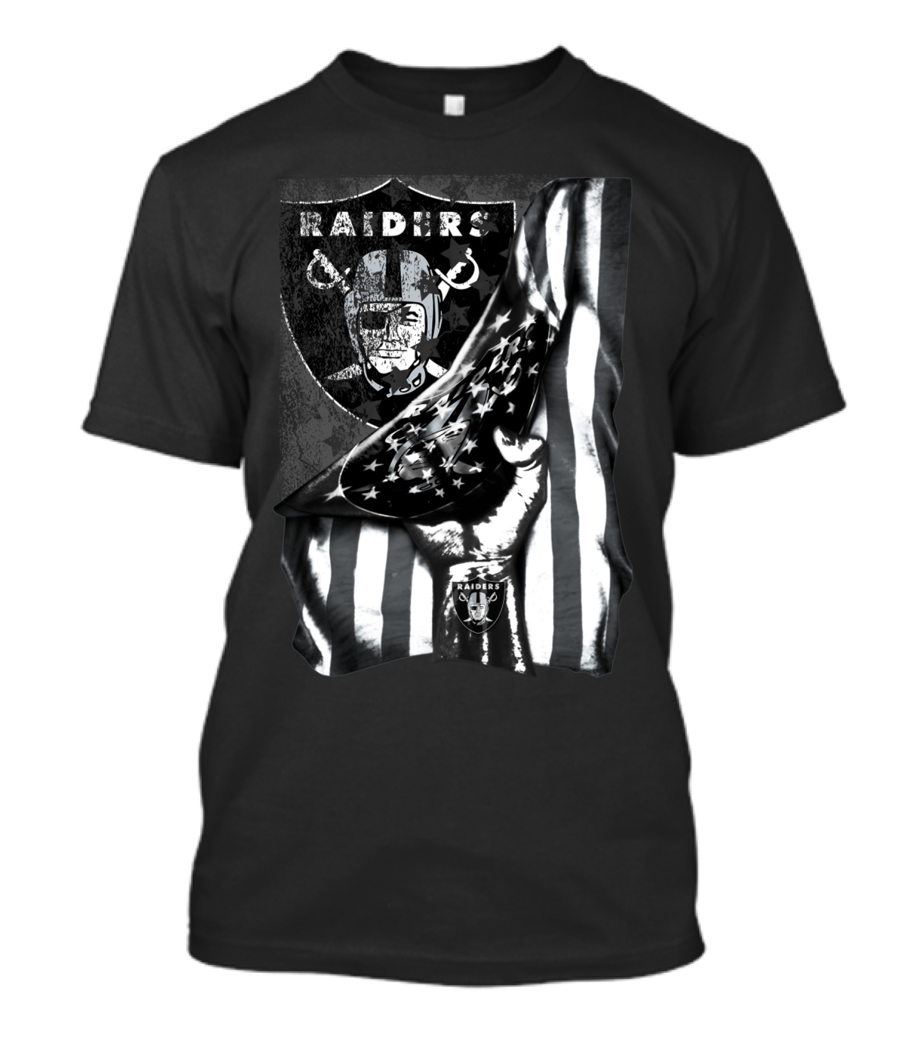 Raiders Shield Helmet And Stars Stripes Black And White Tribute T-Shirt