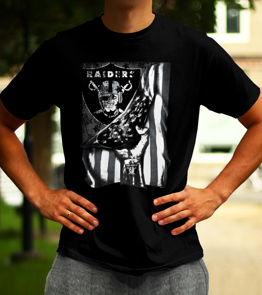 Raiders Shield Helmet And Stars Stripes Black And White Tribute T-Shirt