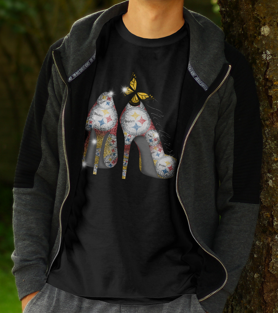 Steelers Pittsburgh High Heels With Yellow Butterfly Sparkle T-Shirt