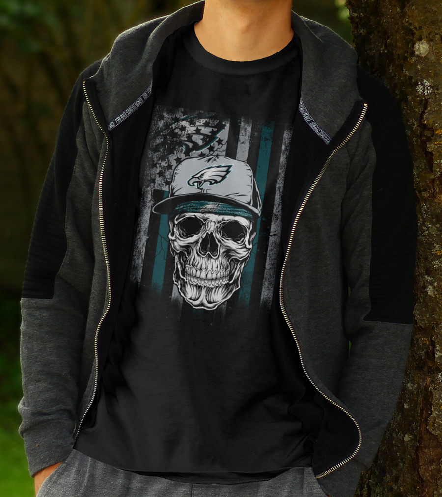 Philadelphia Eagles Skull With Hat On Striped T-Shirt