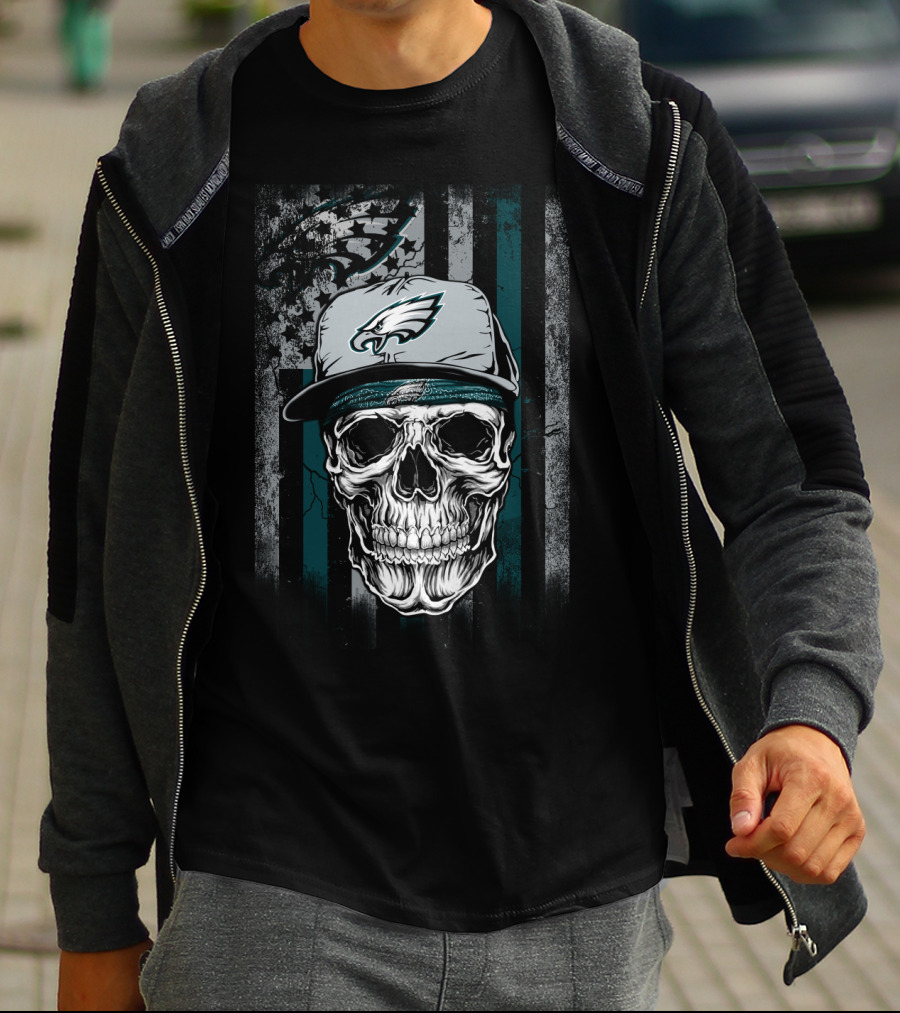 Philadelphia Eagles Skull With Hat On Striped T-Shirt