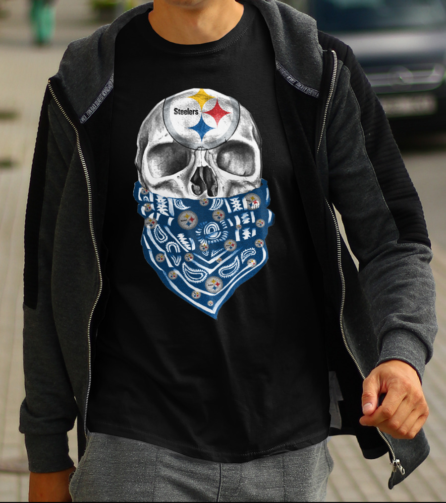 Pittsburgh Steelers Skull Bandana With Team Logo Elements T-Shirt