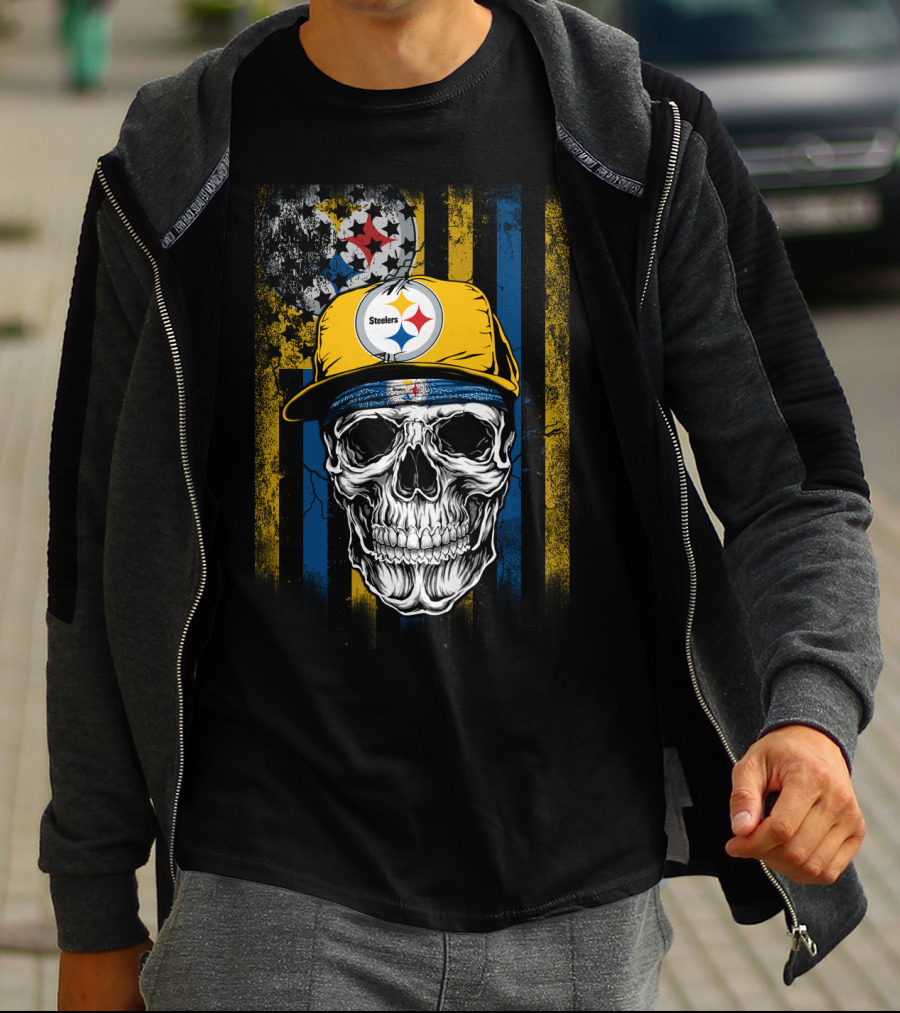 Pittsburgh Steelers Skull With Hat And Black Yellow Stripes T-Shirt