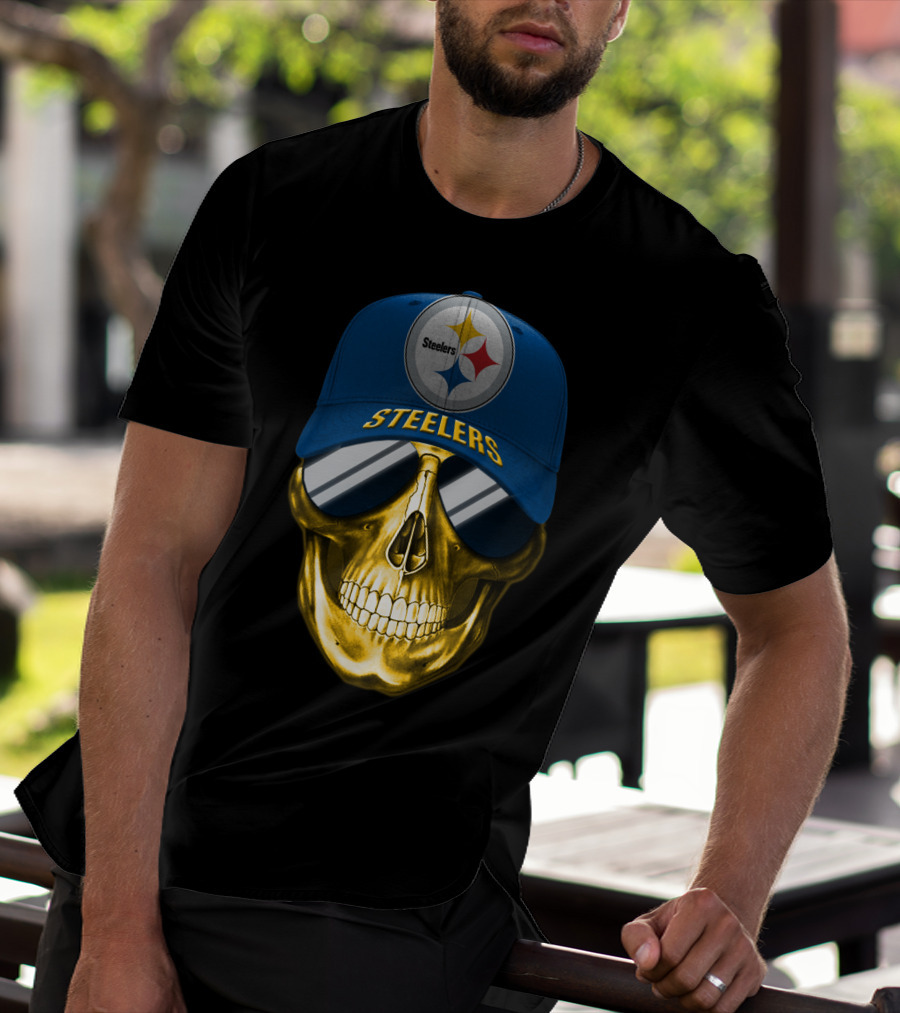 Pittsburgh Steelers Skull Wearing Reflective Sunglasses And Branded Cap T-Shirt