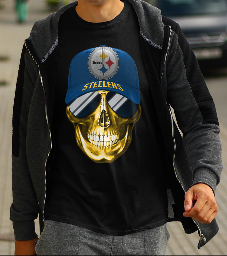 Pittsburgh Steelers Skull Wearing Reflective Sunglasses And Branded Cap T-Shirt