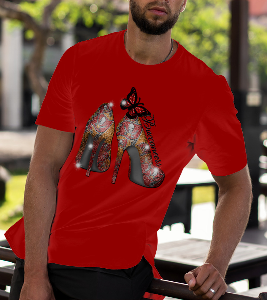 Buccaneers Heels With Red And Gold Skull Pattern Butterfly Accent T-Shirt