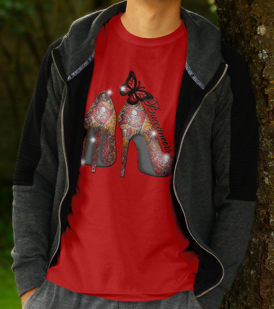 Buccaneers Heels With Red And Gold Skull Pattern Butterfly Accent T-Shirt