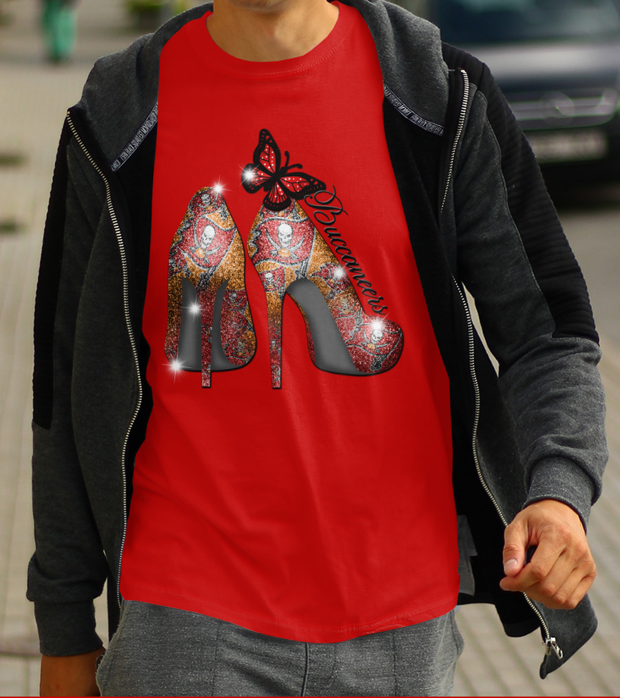 Buccaneers Heels With Red And Gold Skull Pattern Butterfly Accent T-Shirt