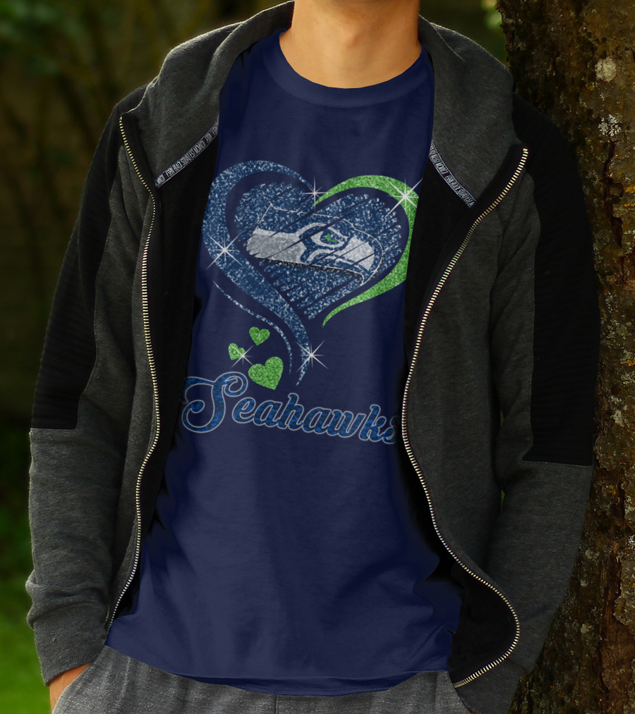 Seahawks Heart Logo With Green And Blue Sparkles T-Shirt