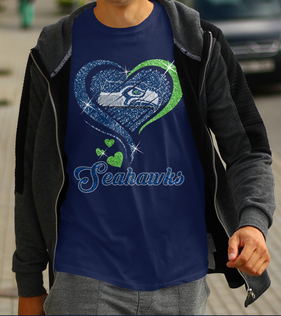 Seahawks Heart Logo With Green And Blue Sparkles T-Shirt