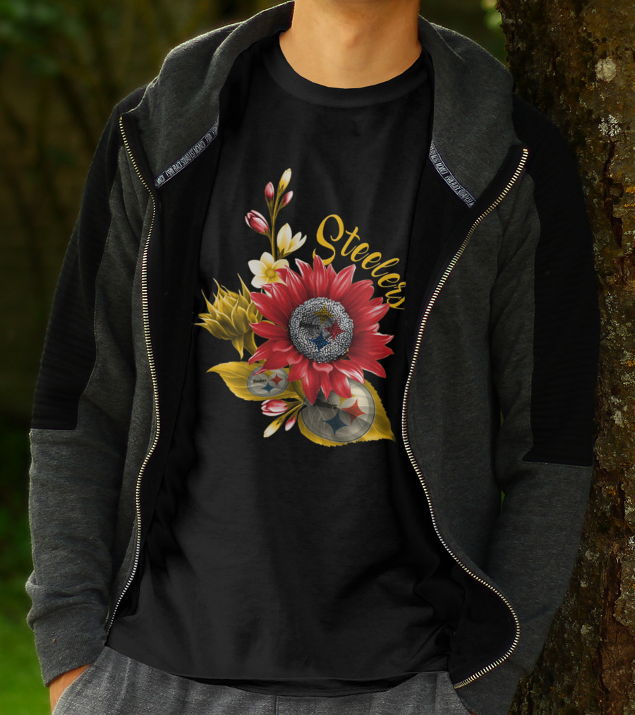 Steelers Floral Emblem With Pittsburgh Steelers Logos And Blooming Flowers T-Shirt