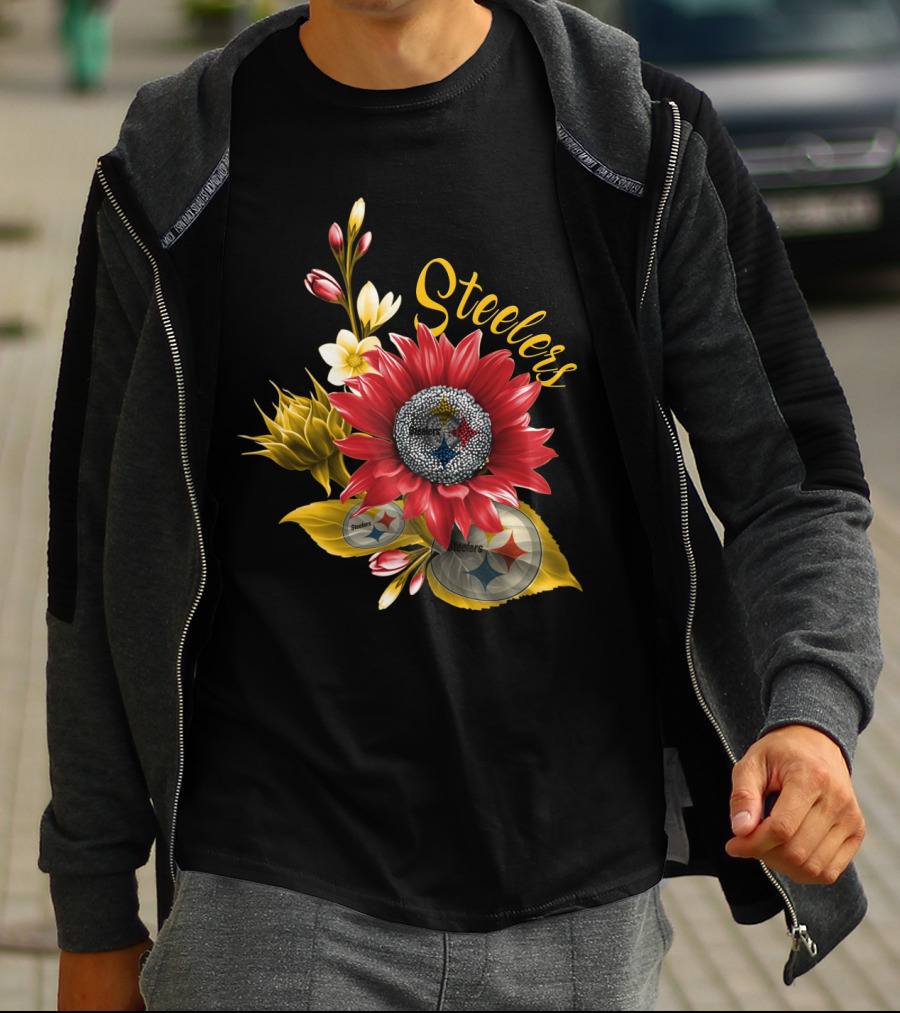 Steelers Floral Emblem With Pittsburgh Steelers Logos And Blooming Flowers T-Shirt