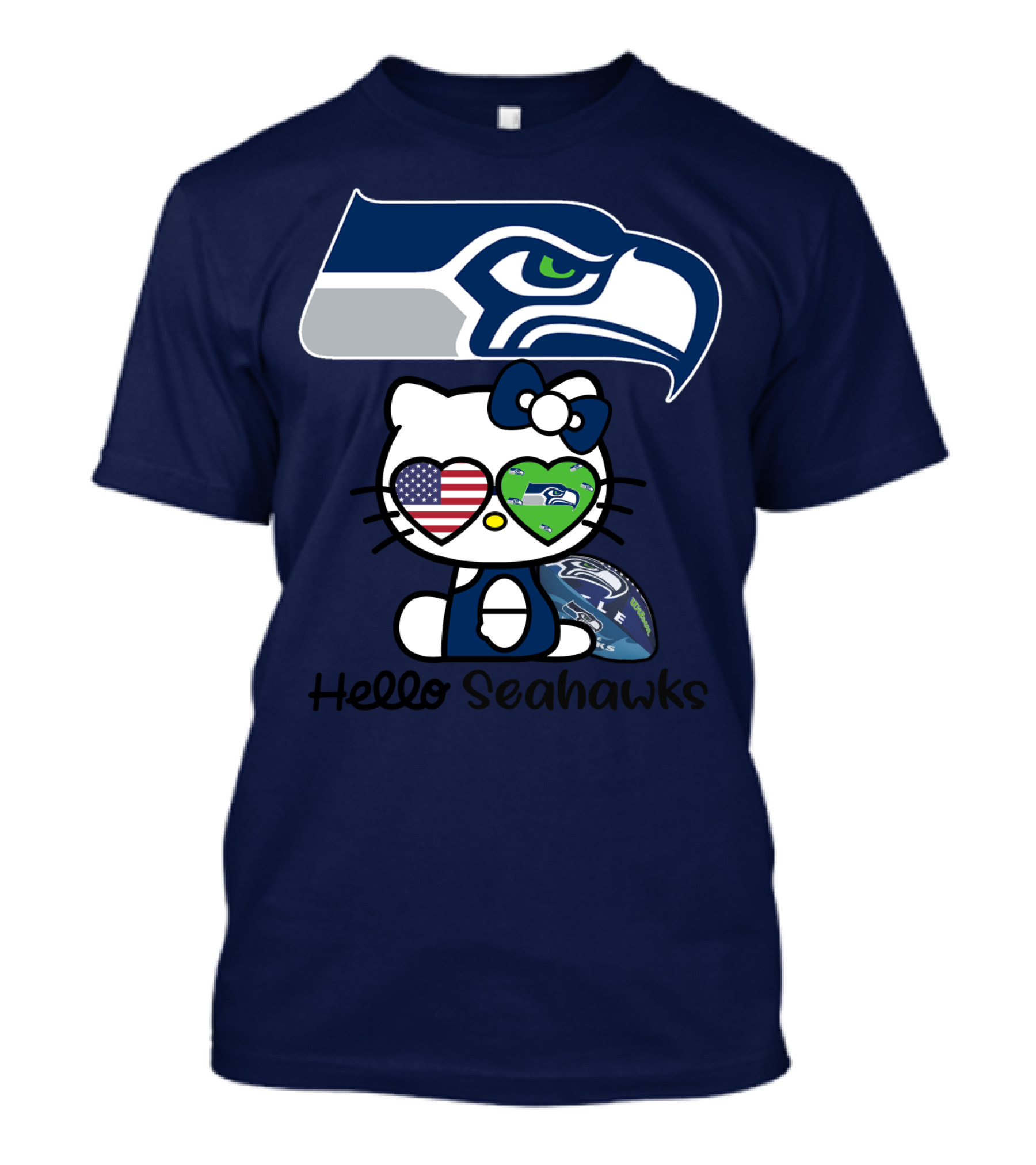 Seattle Seahawks Hello Kitty With Heart Eyes American Flag T-Shirt