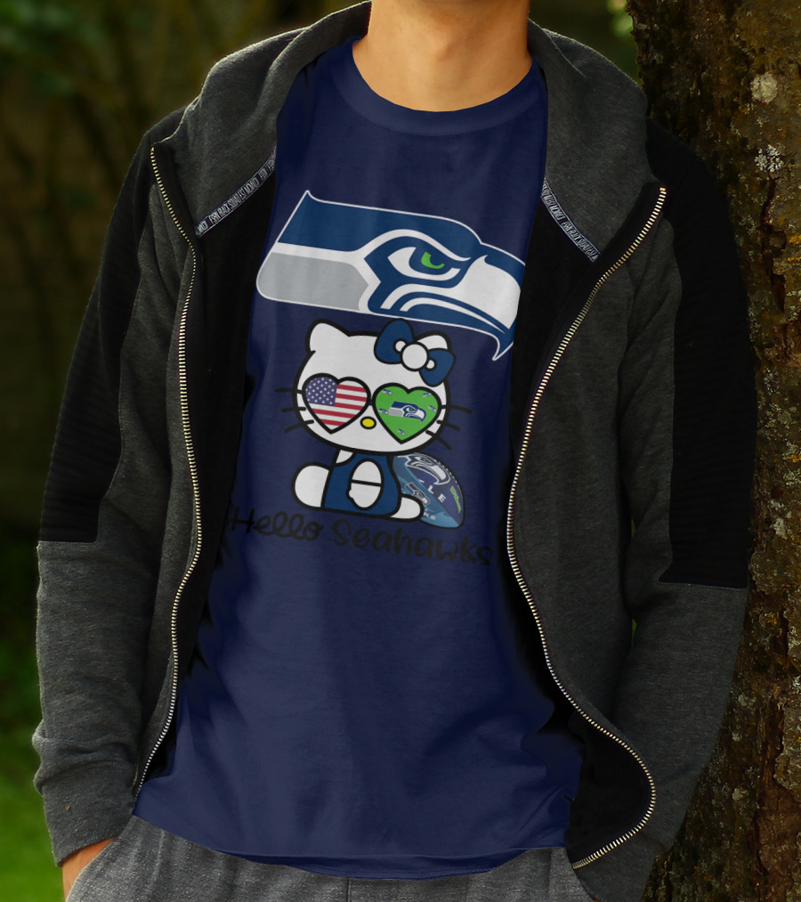 Seattle Seahawks Hello Kitty With Heart Eyes American Flag T-Shirt