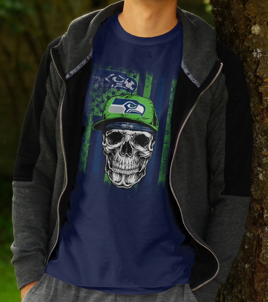 Seattle Seahawks Skull Cap Logo Grunge Style T-Shirt