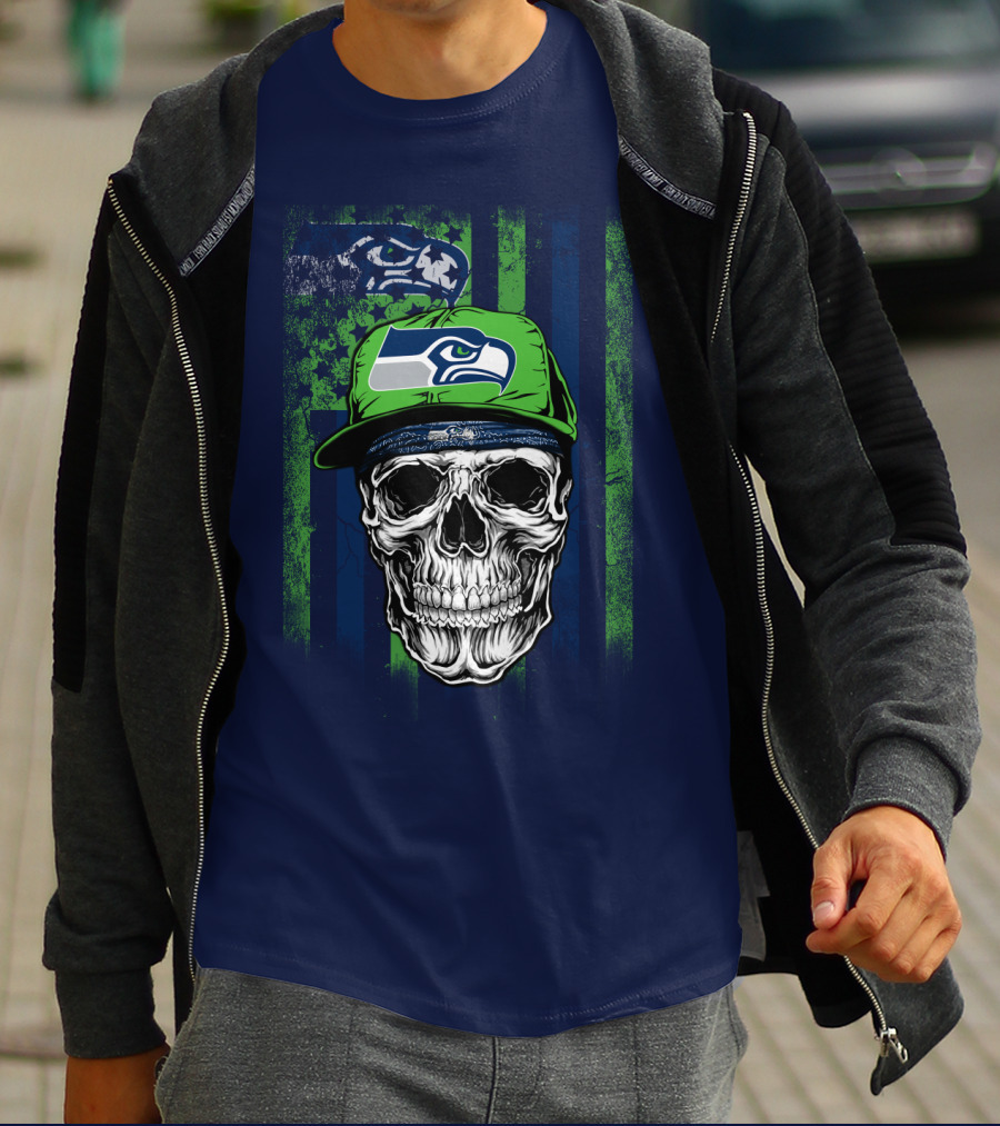 Seattle Seahawks Skull Cap Logo Grunge Style T-Shirt