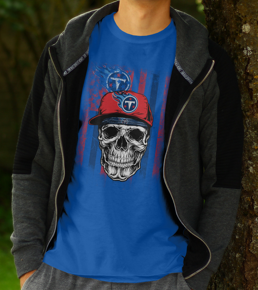 Tennessee Titans Skull With Cap Logo And Stripes T-Shirt