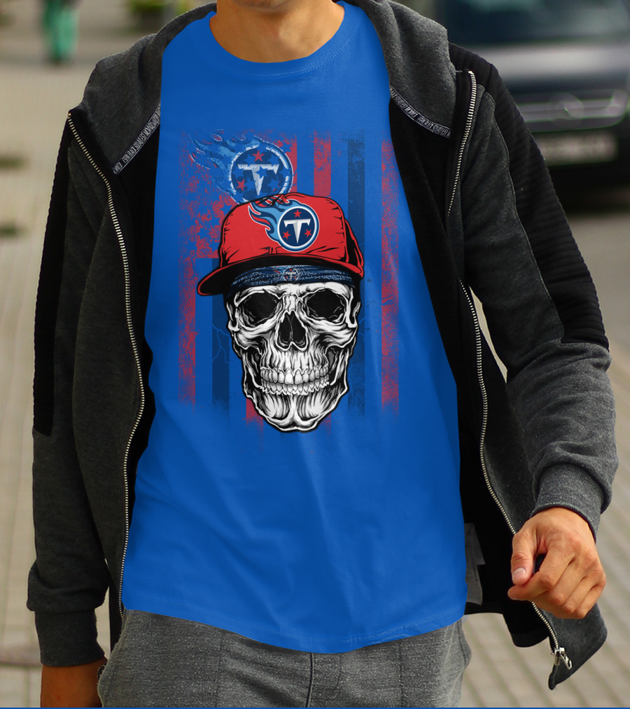 Tennessee Titans Skull With Cap Logo And Stripes T-Shirt