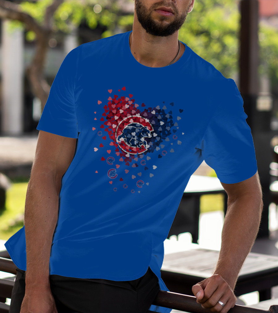 Chicago Cubs Heart Pattern With Bear Logo And Hearts In Red White And Blue T-Shirt