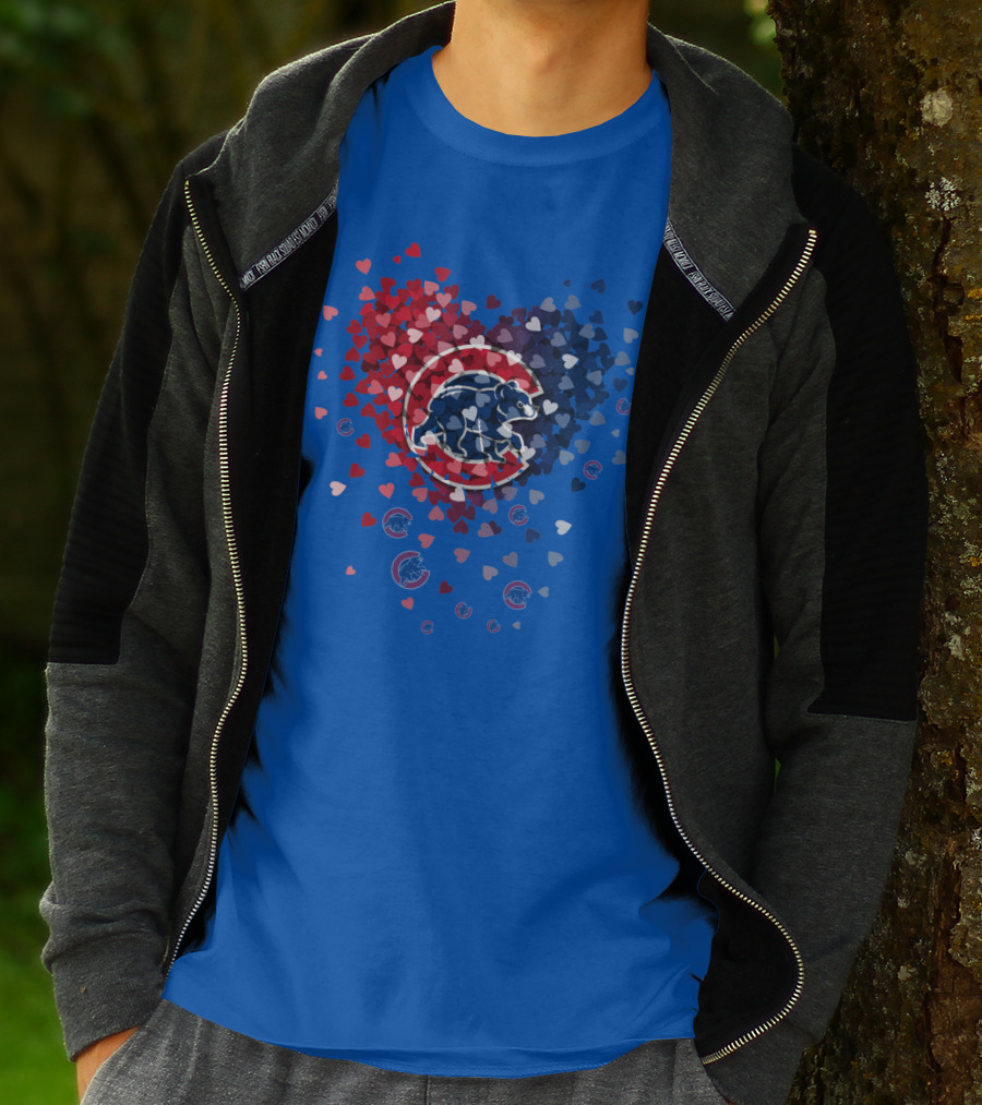 Chicago Cubs Heart Pattern With Bear Logo And Hearts In Red White And Blue T-Shirt