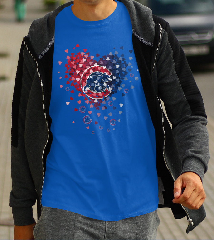 Chicago Cubs Heart Pattern With Bear Logo And Hearts In Red White And Blue T-Shirt