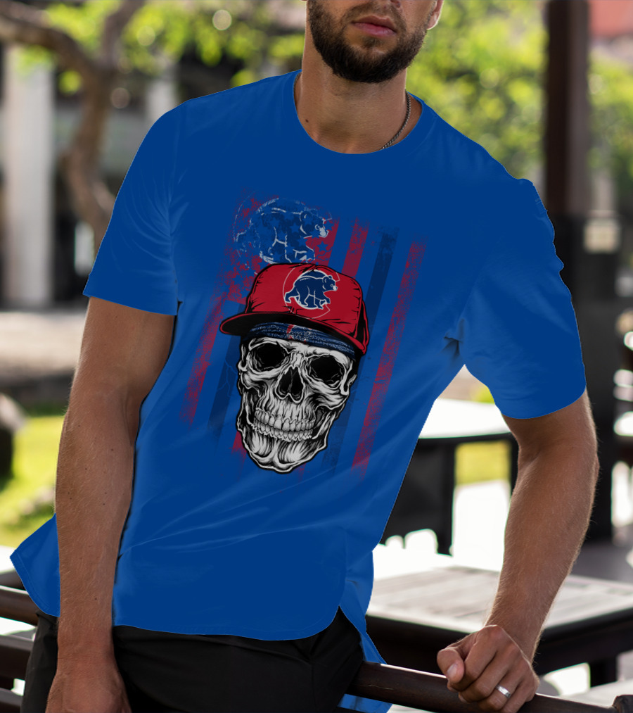 Chicago Cubs Skull With Bear And Cap On Blue T-Shirt