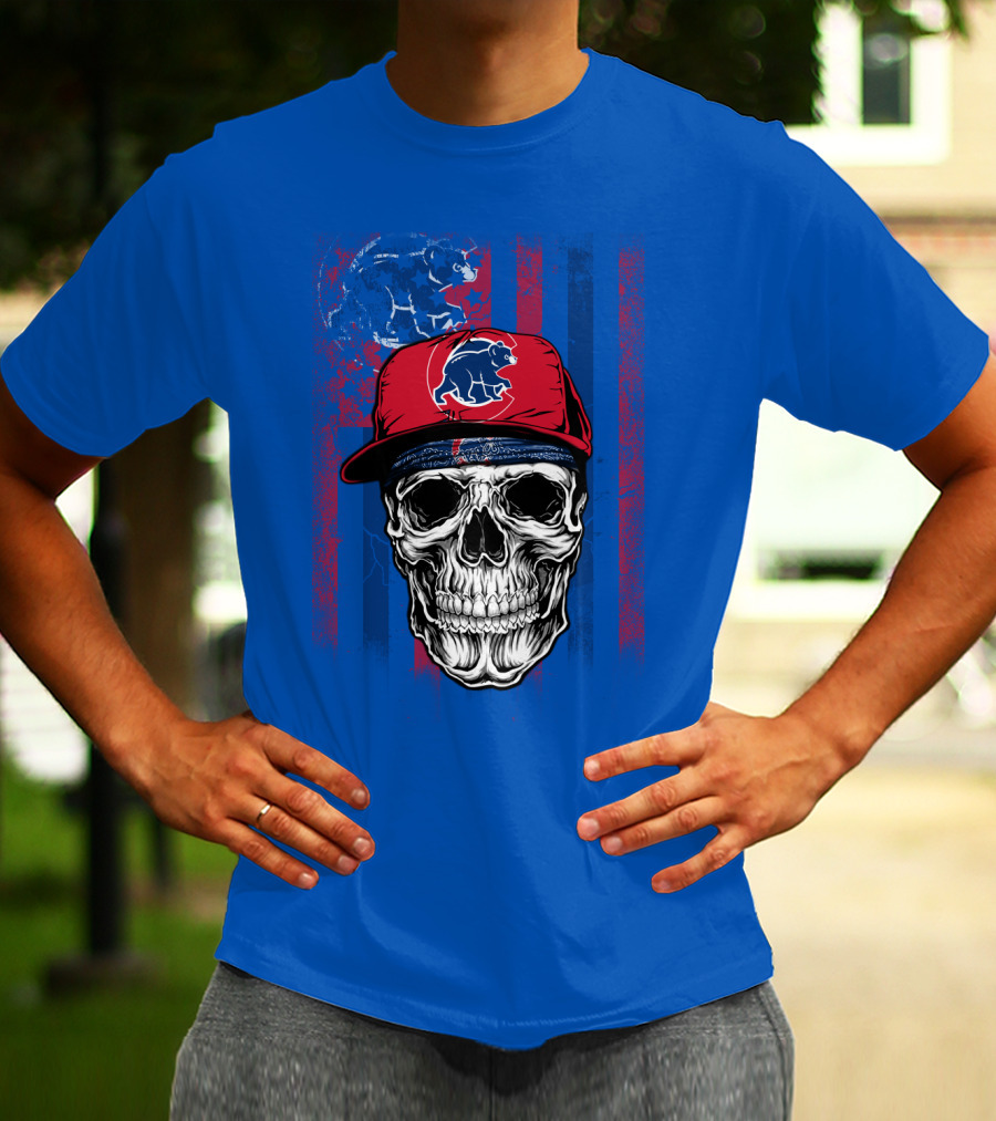Chicago Cubs Skull With Bear And Cap On Blue T-Shirt