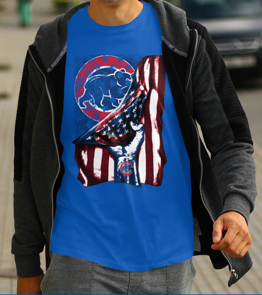 Chicago Cubs American Flag Bear Logo Fist T-Shirt