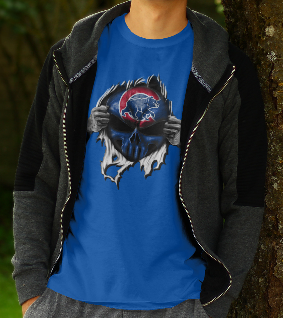 Chicago Cubs Skull Logo With Bear And Red Circle On Blue T-Shirt