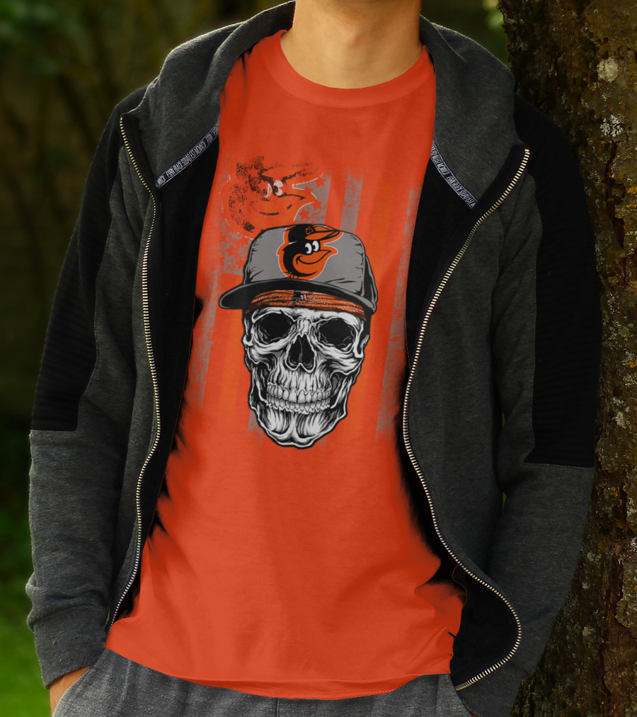 Baltimore Orioles Skull With Cap On Orange T-Shirt