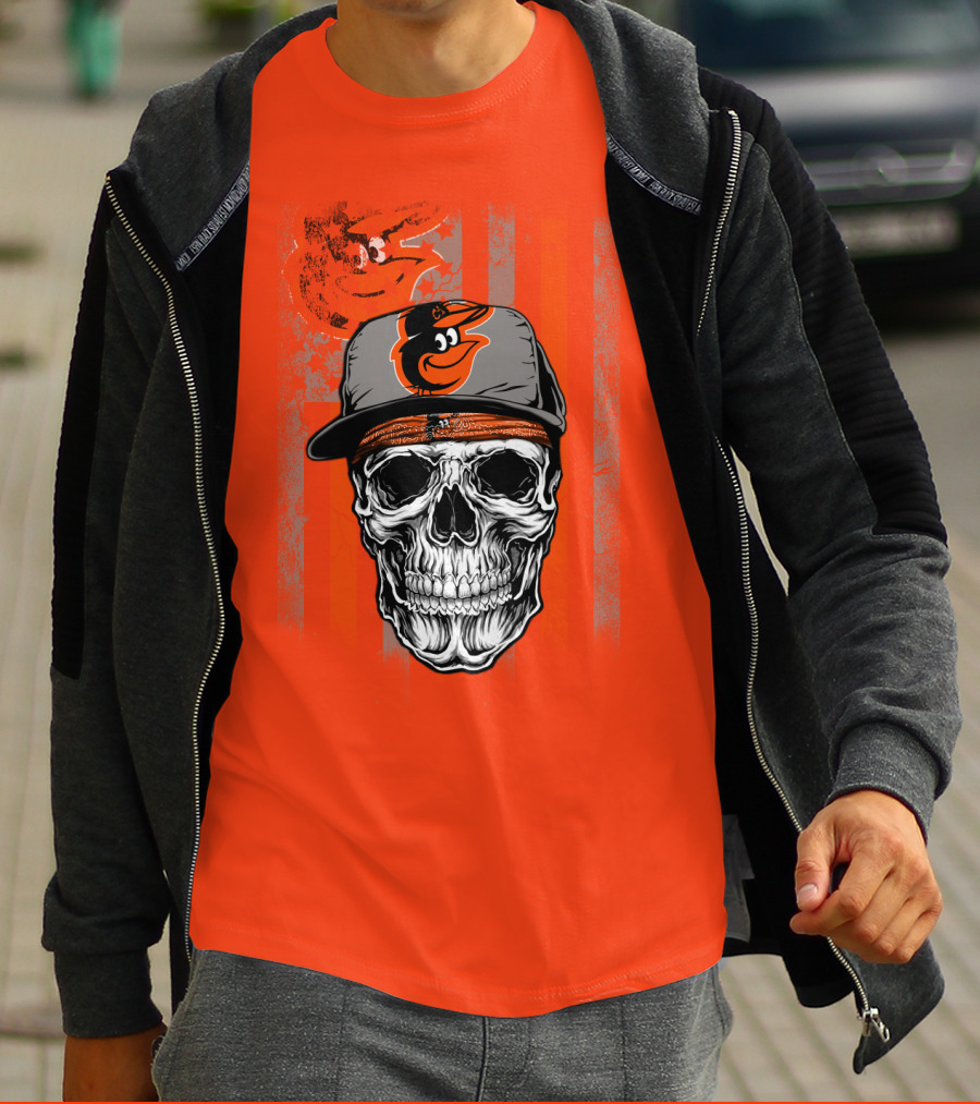 Baltimore Orioles Skull With Cap On Orange T-Shirt