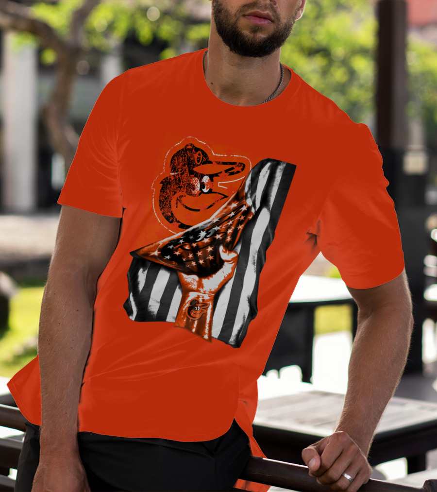 Baltimore Orioles American Flag Fist Logo On Orange T-Shirt