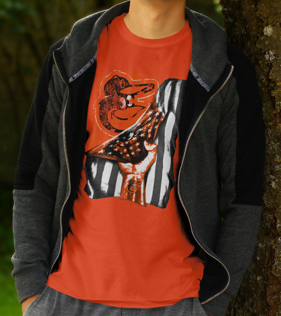 Baltimore Orioles American Flag Fist Logo On Orange T-Shirt