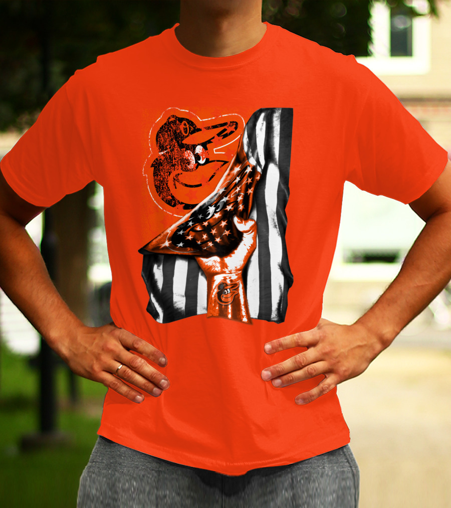 Baltimore Orioles American Flag Fist Logo On Orange T-Shirt